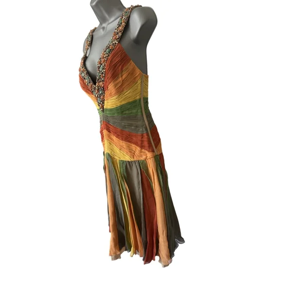 NWT Mandalay 100% Silk Mylticolored Midi Dress w/Gemstone&Beaded embellishment 4 - Picture 5 of 13